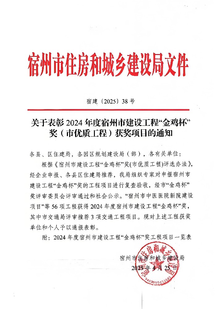 公司監理項目斬獲宿州市“金雞杯”獎，劉斌同志榮獲“優秀總監理工程師”榮譽